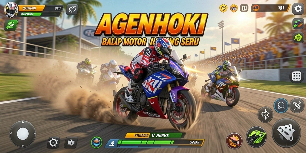 Screenshot utama AGENHOKI menampilkan aksi balapan motor yang mendebarkan.