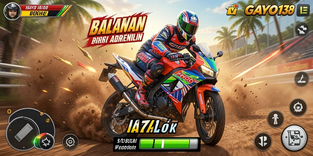 Gameplay seru GAYO138 dengan balapan motor yang mendebarkan.
