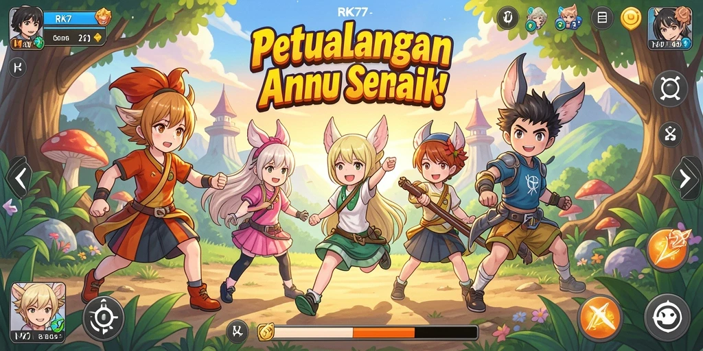 Tangkapan layar utama RK77 menampilkan aksi gameplay seru dari karakter anime.