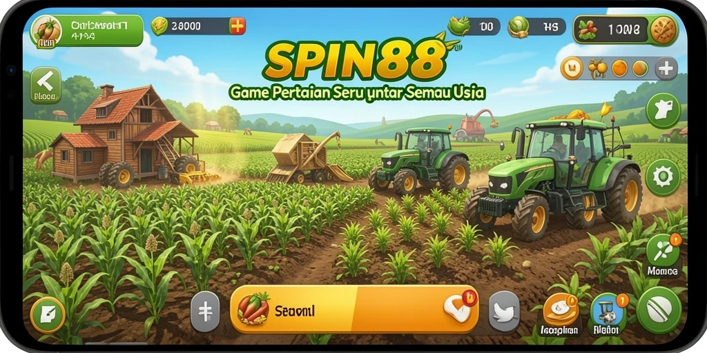 Tampilan gameplay SPIN88 yang menunjukkan aktivitas bertani.