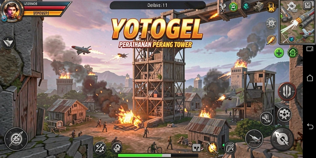 Tampilan gameplay YOTOGEL dengan pertahanan tower yang strategis.